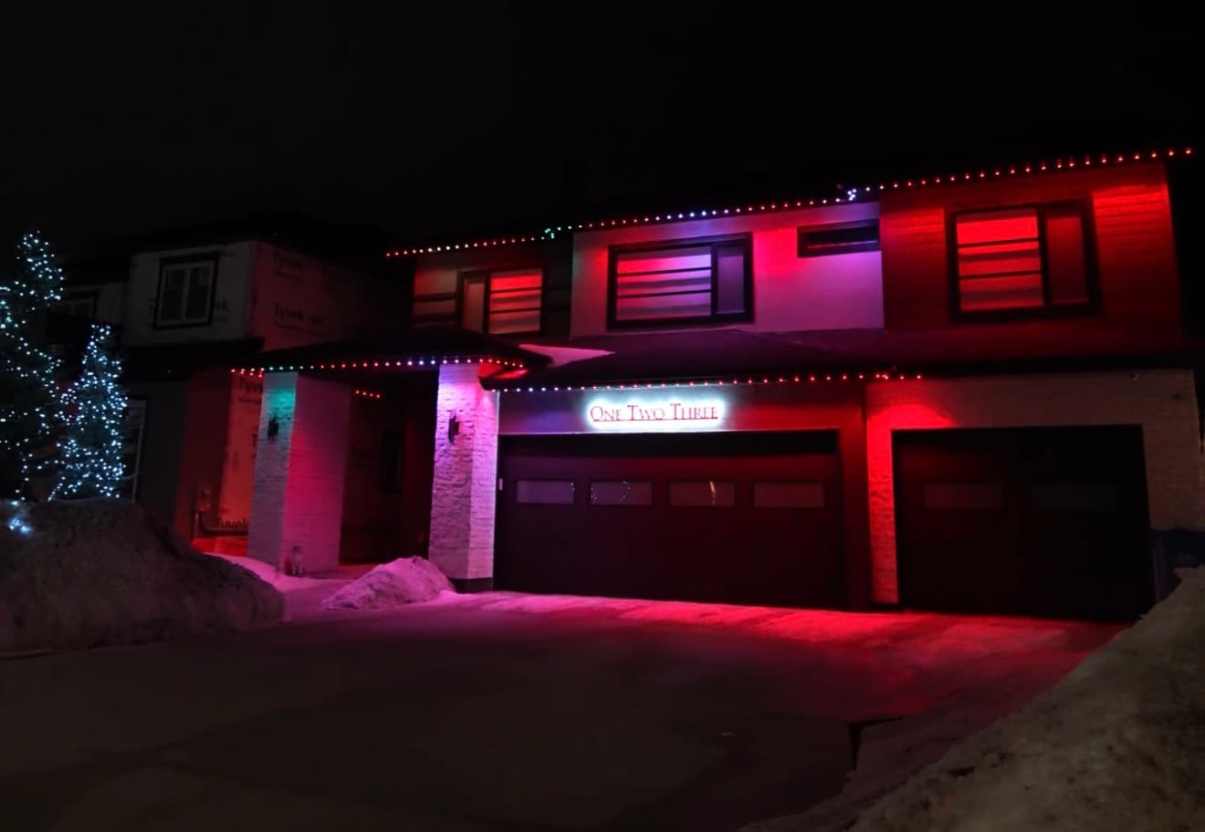 Amber warm lighting on two-storey home