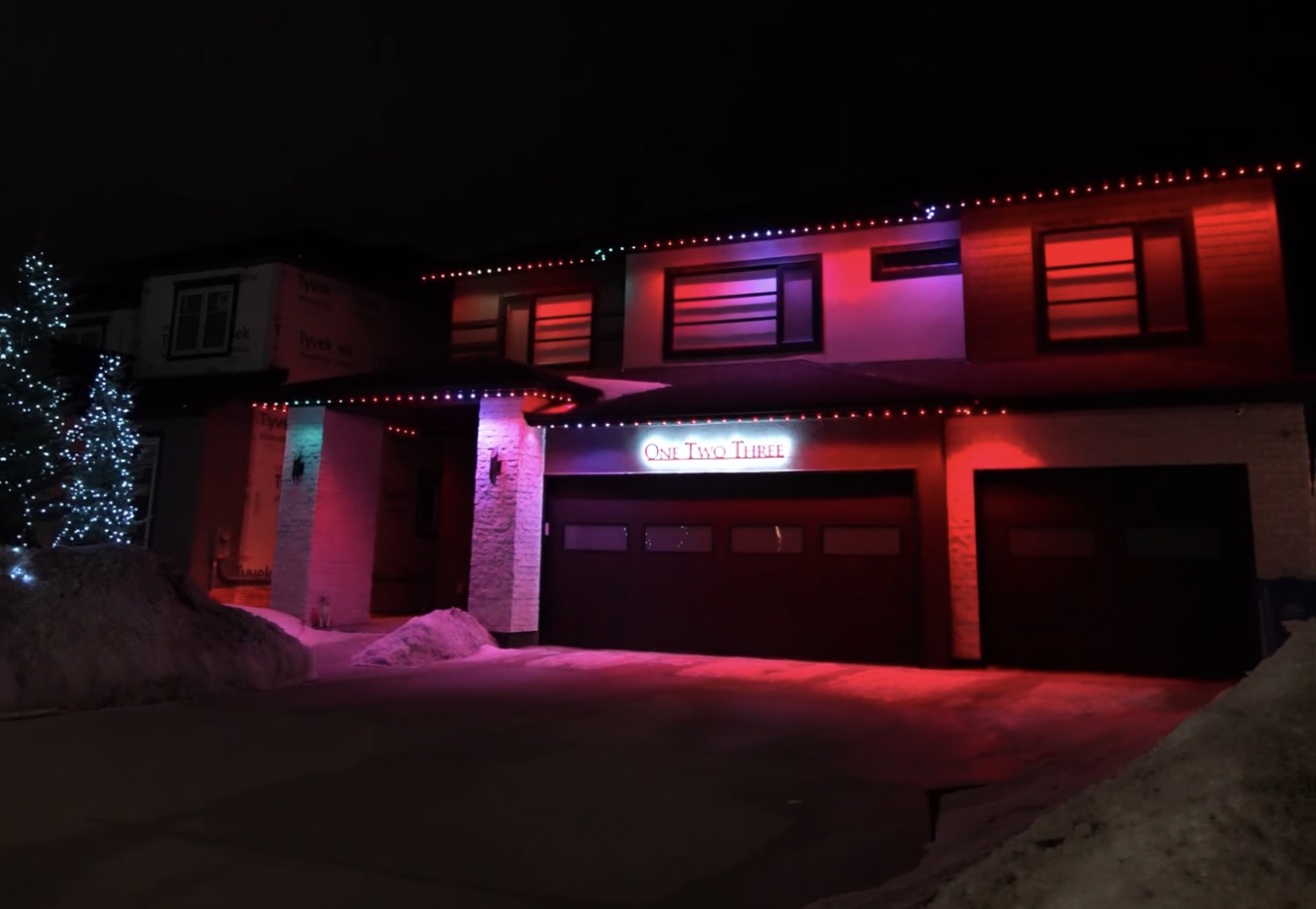 Amber warm lighting on two-storey home